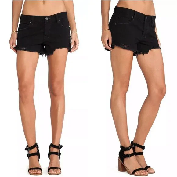 Free People Denim Shorts Sharkbite Black Button Fly Fray Hem Distress - Picture 1 of 10